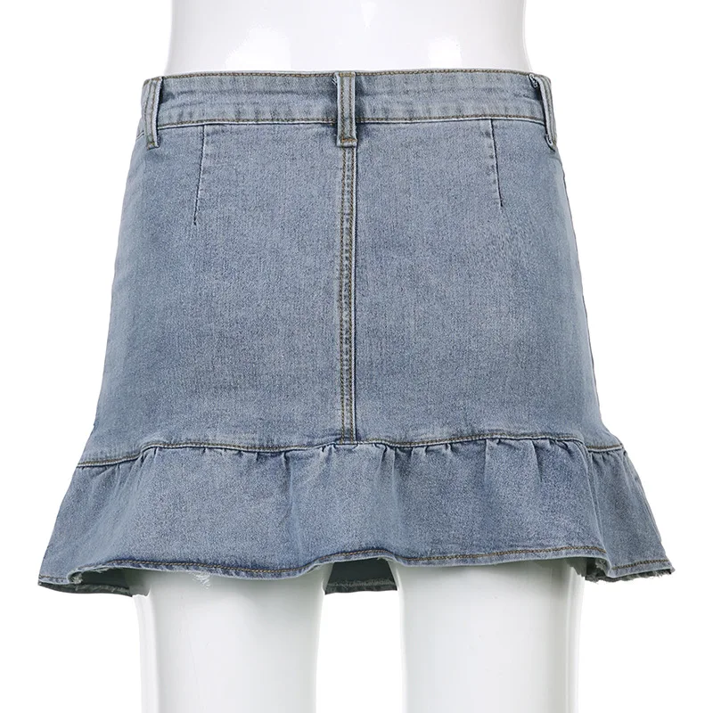 

ALLNeon Cute Vintage High Waist Ruffles Jeans Skirts Y2K Aesthetics Bodycon Patchwork Denim Short Skirt 2000s Fashion Streetwear