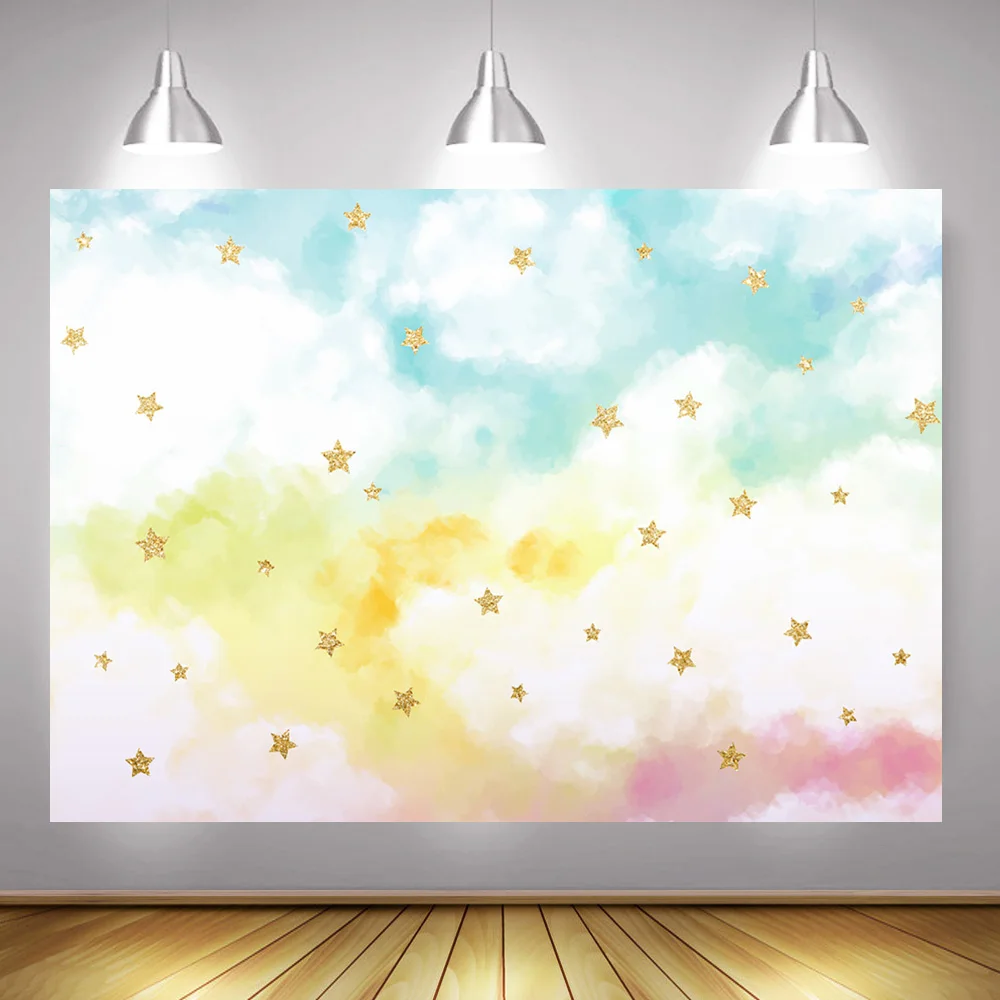 

Photography Backdrop Rainbow Sky Photocall Watercolor Colourful Cloud Newborn Background Live Video Backdrops Golden Stars