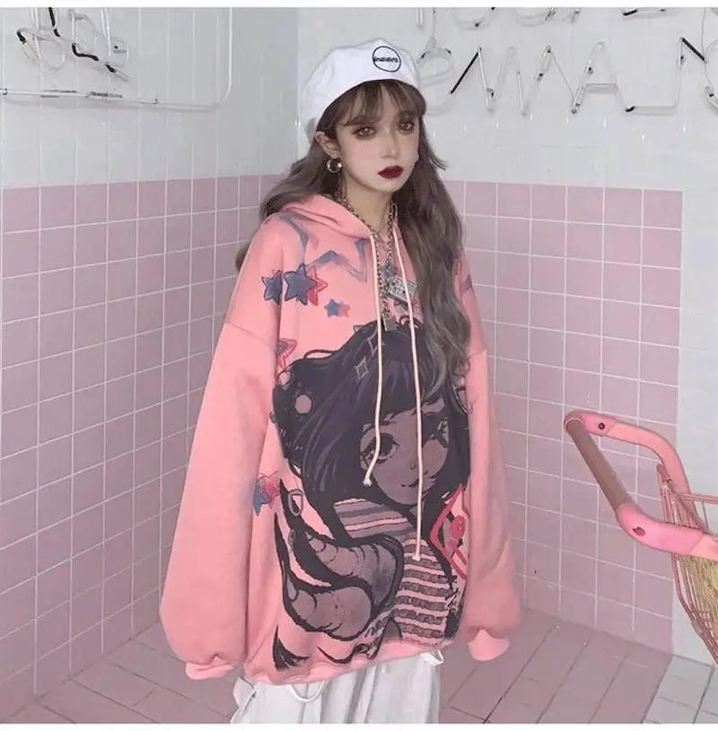 

Sweatshirts Female Super Hot Spring And Autumn Lazy Style Student Loose Hooded Wild Blouse Trend Hoodies Women Sweatshirt Goth