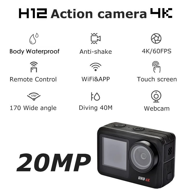 FCCWO original H12 Waterproof Action Camera 4K/60FPS 20MP LCD EIS Dual Screen WiFi Webcam Helmet Sports Video Cam go Sport pro |
