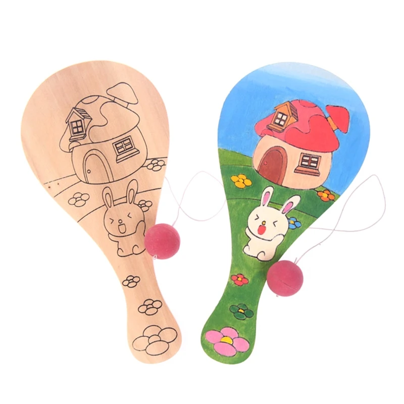 

Wooden Racket with 4options for Baby Learning & Developmental Interactive DIY Racket Toy Mini Paddleball with String