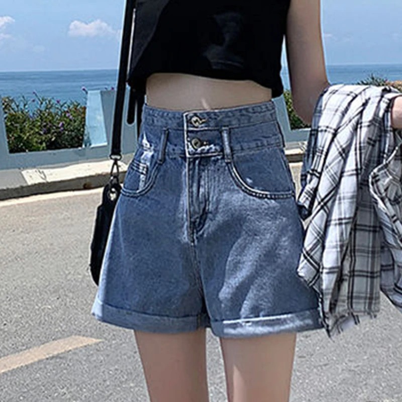 

Double Breasted High Waist Denim Shorts Woman's Loose Plus Size Wide Leg Shorts Woman Fashion A-line Denim Short Pants Women