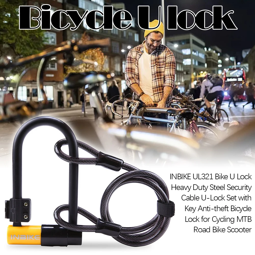 

INBIKE Bike U Lock with Key Heavy Duty Steel Anti Theft Bicycle Cable Lock Set for Cycling MTB Scooter Outdoor Accessories