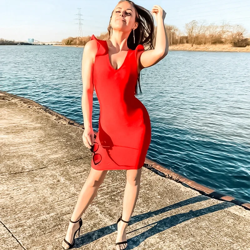 

2021 Sladuo Sleeveless Slim Fit Fungus Lace Banquet Bar Party Sexy V-neck Skinny New Summer Women Dress