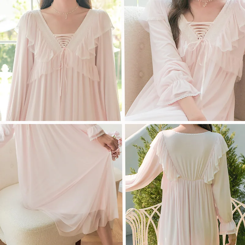 

Fairy Romantic Nightgowns Women Autumn Mesh Modal Long Night Dress Victorian Vintage Lace Peignoir Princess Sleepwear Nightwear