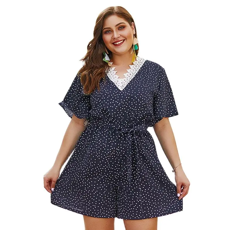 Летний женский комбинезон в горошек на шнуровке большого размера 4XL Женская