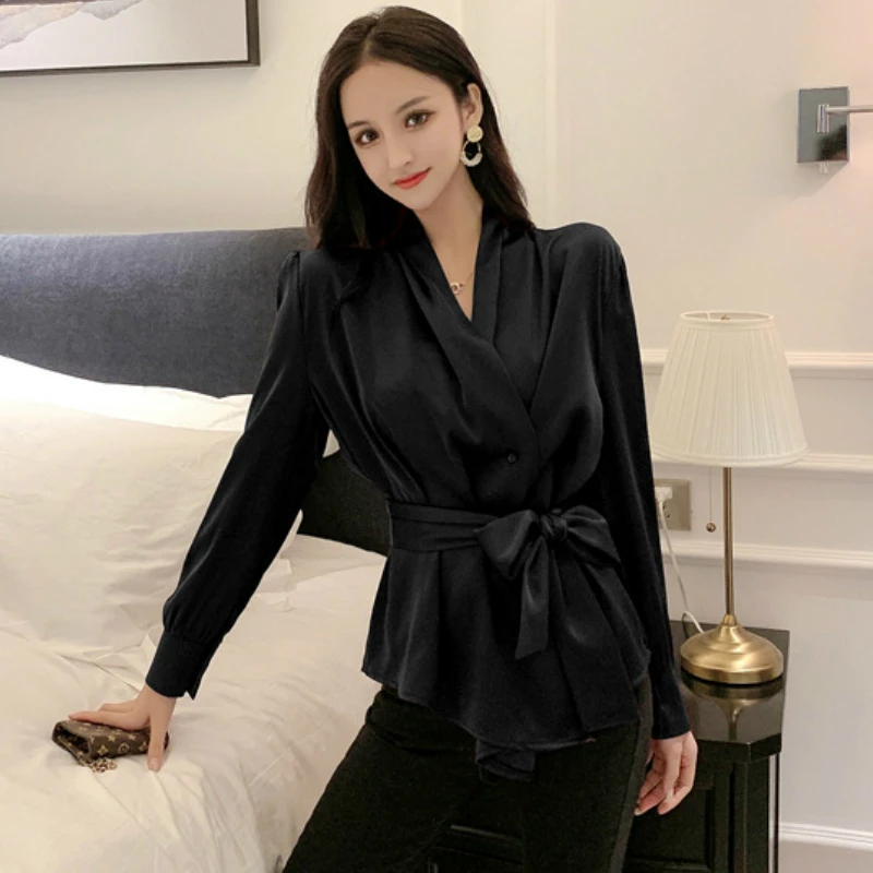

Mozuleva 2020 Spring New Korean Style Shirt Women V-Neck Lace Up Chiffon French Tops and Blouses Belt-Waist Shirts