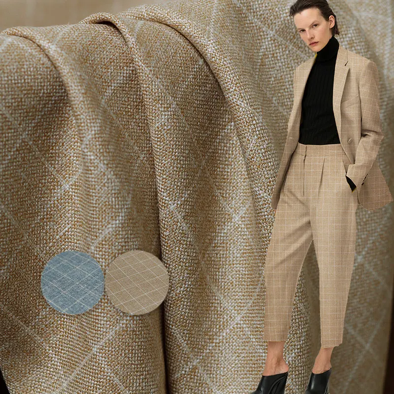 White Waxberry Plaid Yarn Dyed Worsted Wool and Linen Fabrics Materials Women Suit Jacket Sewing for Cloth Tailor Freeshipping |