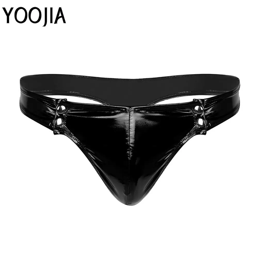 

YOOJIA Mens Faux Leather Lingerie Erotic Underwear Panties Snaps Low Rise Bikini Briefs Underwear Sexy Thong Underpants For Mens