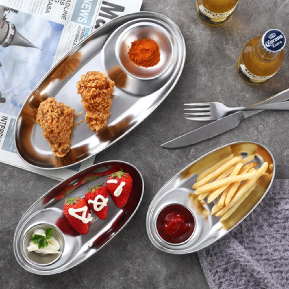 

Stainless Steel Snack Dish Plate Ketchup Sauce Dipping French Fries Dish Divided Grid Plate Fried Chicken Dish Oval