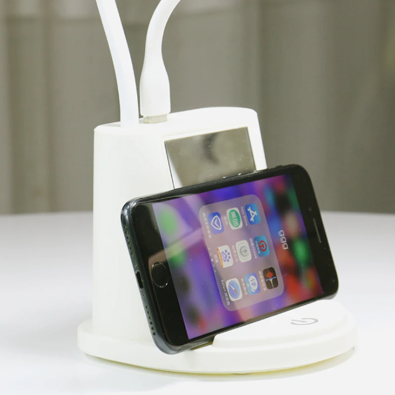 

USB Rechargeable LED Desk Lamps Touching Dimming Adjustment Children Study Lamp Phone Holder Reading Light With Fan Brush Pot