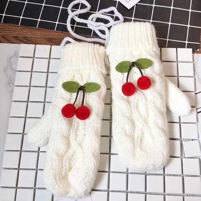 

Sweet Girls Cherry Knitted Gloves 2021 Merry Christmas Halter Hanging Neck Gloves Solid Color Hand WarmerFull Finger Mittens Hot