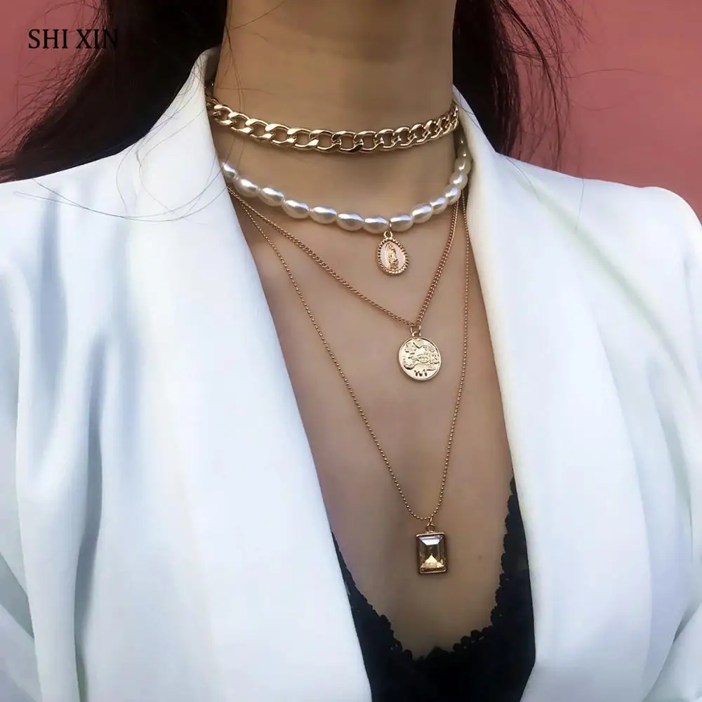 SHIXIN Бохо многослойная цепочка колье ожерелье для жемчужное ожерелье для женщин монета/ракушка Подвески модные роскошные ювелирные изделия женские подарки