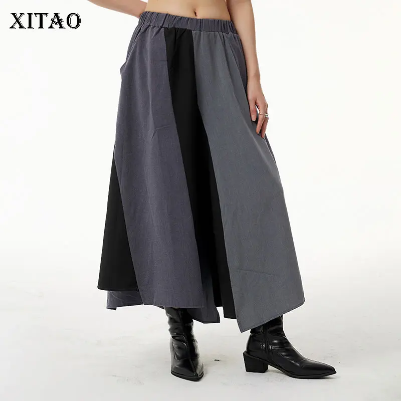 

XITAO Необычные широкие брюки контрастного цвета, лоскутные брюки, модные свободные брюки большого размера, Женские Простые универсальные бр...