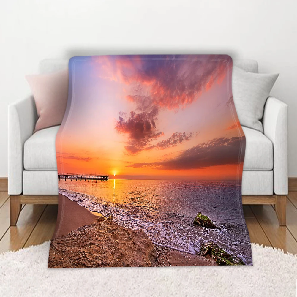 Флисовое одеяло с изображением заката машинная стирка мягкое удобное покрывало