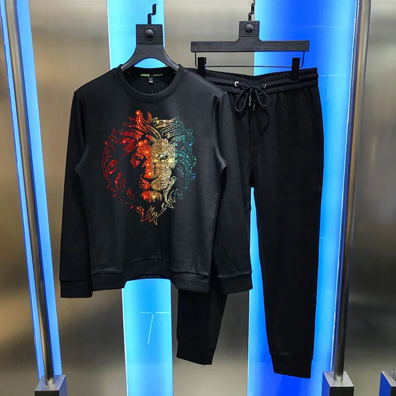 

Men's Tracksuit Hot Rhinestone Color Lion Head Sets Pullover Sweatshirt Slim European Oversized Autumn Winter