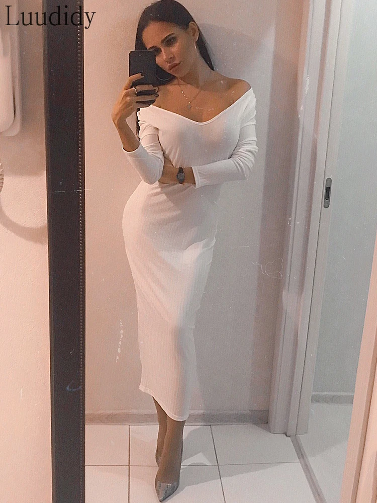 

Rib-knit Off Shoulder Bodycon Maxi Dress