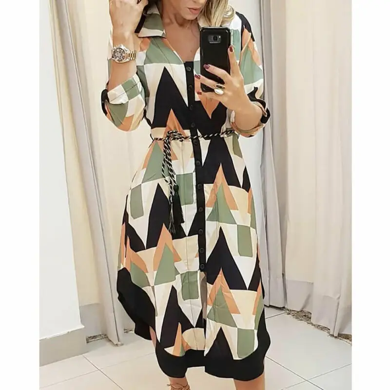 

New Dress Women's Long Shirt Dress Geometric Casual Stright Wave Print Long Sleeve Casual Holiday Midi Ladies Dress Hot