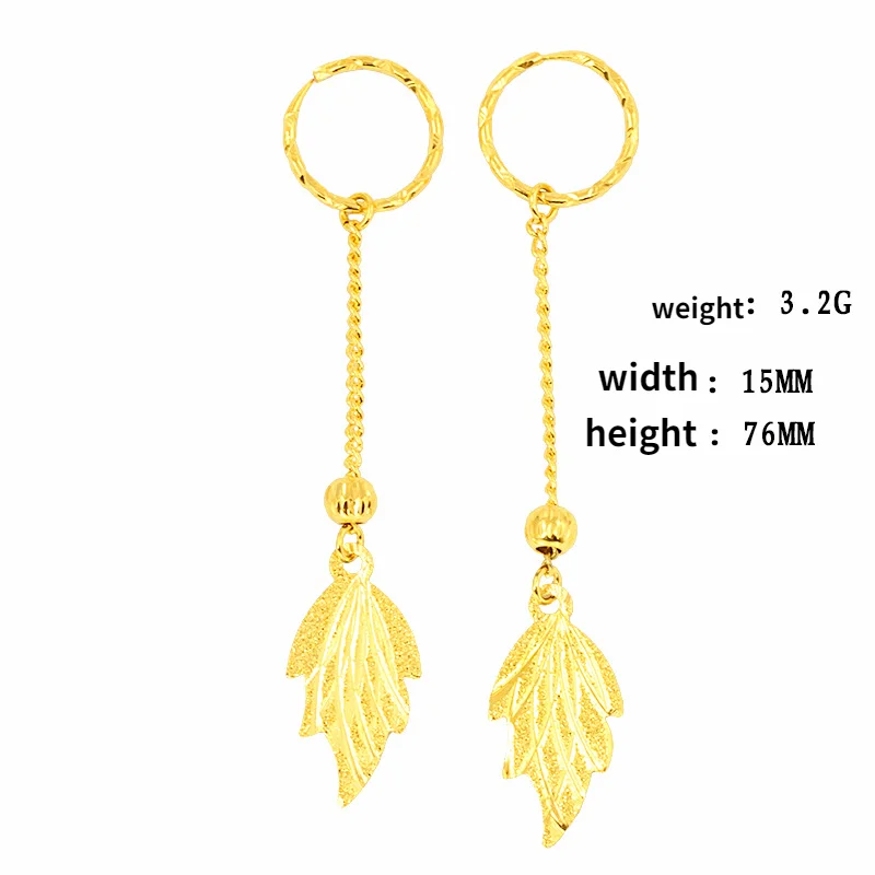 

Matte 24K Yellow Gold Golden Leaves Shaped Long Drop Earrings for Women Bride Classic Wedding Jewelry Gold Stud Earring 2021