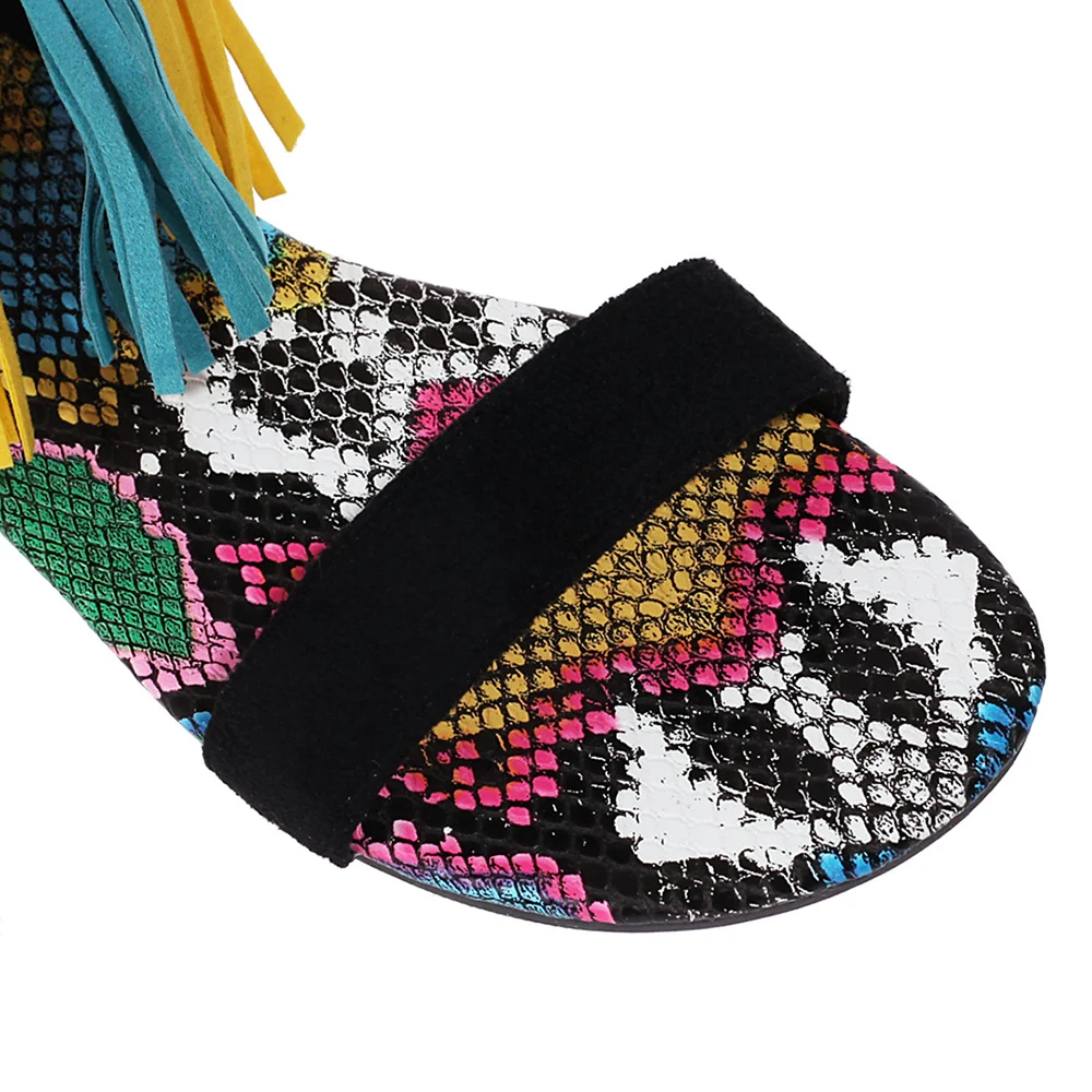 

Roman Style Colored Ribbon Fashion Sandals Flock Tassel Snake Pattern Lining Summer Sandal Frosted Leather Colorful Women's Shoe