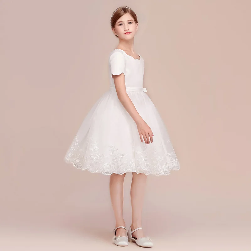 Ball Gown Princess Short White Flower Girl Dresses For Wedding Satin Tulle Girls First Holy Communion Dresses