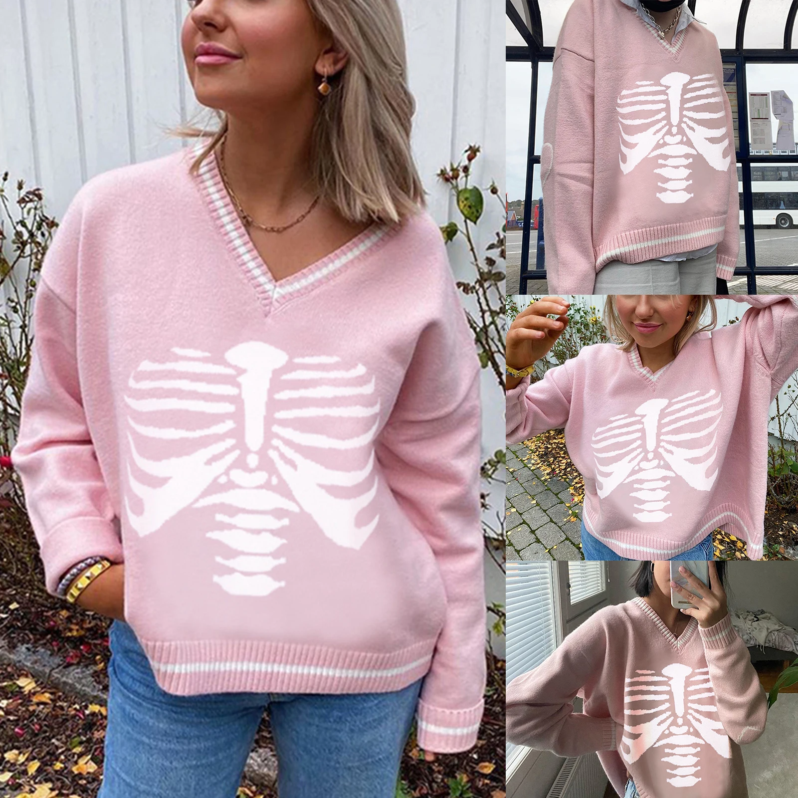 

Women Knit Sweater Girls Preppy Style Y2K Stylish TIde Skeleton Print Long Sleeve V-neck Pullover Warm Jersey Autumn Winter