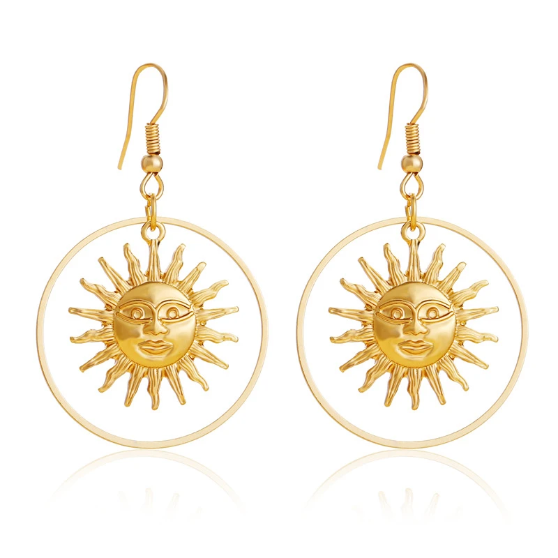 

Boho Celestial Space Sun Round Hoop Earrings Wicca Women Goddess Astrology Statement Dangle Earring Outspace Witch Jewelry Gift