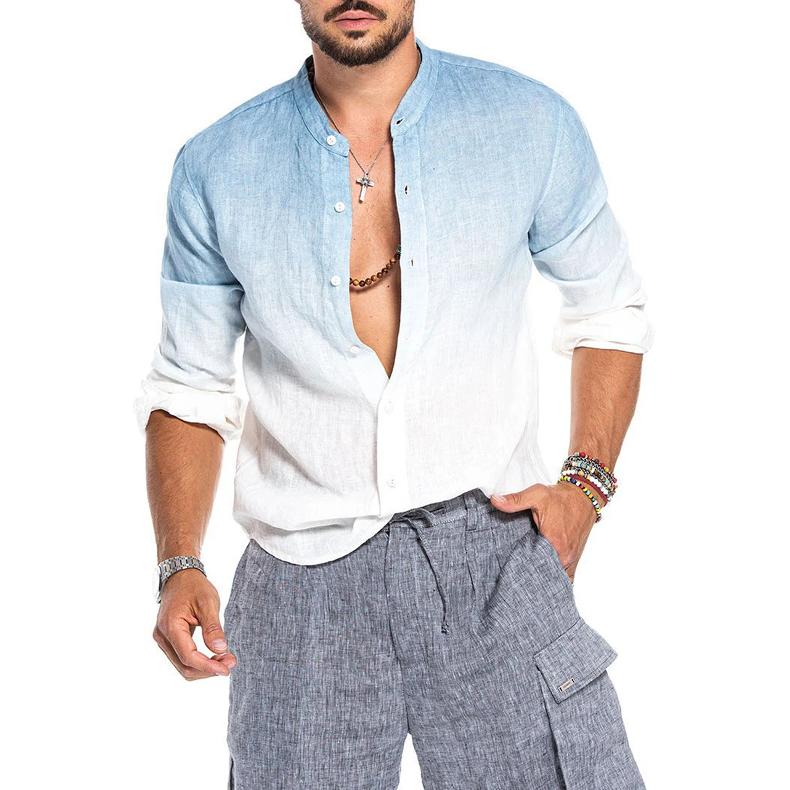 

2020 Men's Fashion Gradient Color Shirts Cotton Linen Stand Collar Long Sleeve Buttons Casual Shirts Spring Autumn Tops