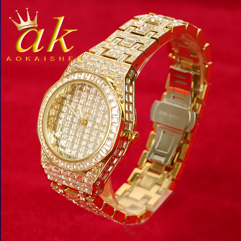 Aokaishen Baguette Quartz Watch for Men Waterproof Glow In Dark Real Gold Hip Hop Jewelry 2021 Trend Christmas Gift
