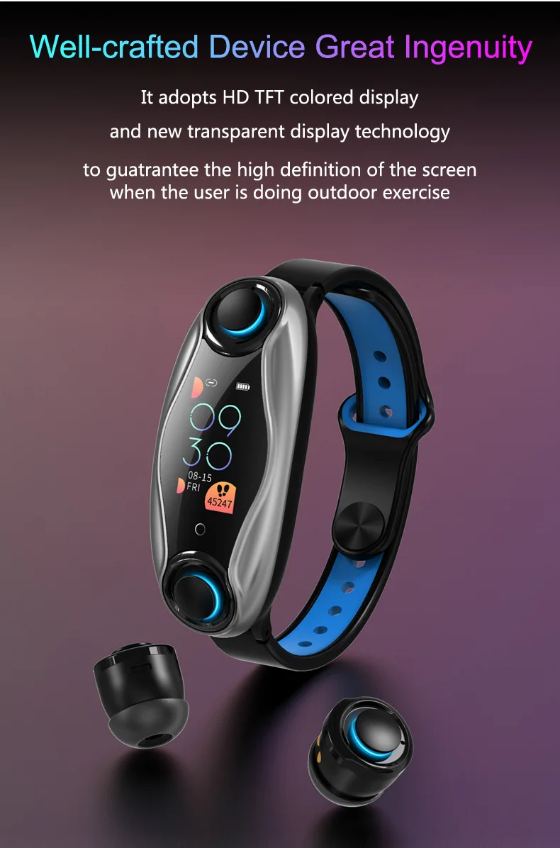T90 фитнес-браслет Bluetooth 5,0 с беспроводными наушниками IP67 водонепроницаемые спортивные Смарт-часы для телефона Android IOS