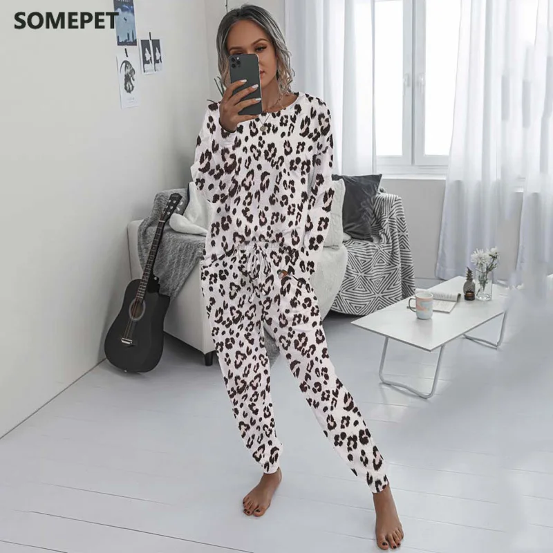 

Autumn Pajama Set Women Leopard Women's Pajamas Set Homewear Home Suit Pajama Suit Long Sleeve Nightgown Women Pajamas