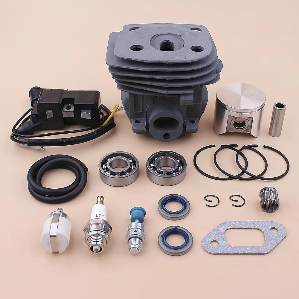 47mm Cylinder Piston Kit For Husqvarna 357 359 Ignition Coil Crank Bearing Oil Seal Fuel Filter Line Decompression Valve Set