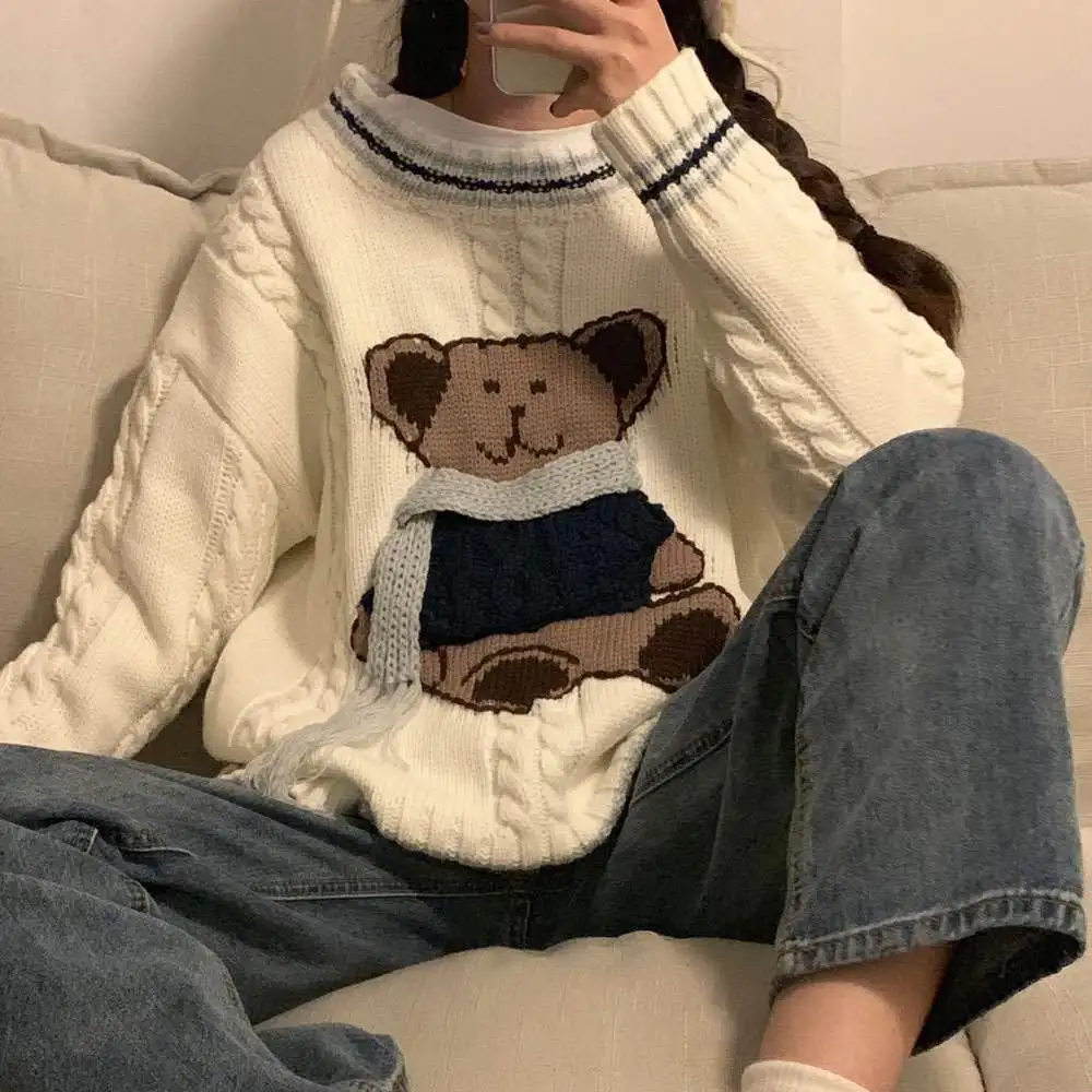 

Autumn Winter Long sleeve Sweet Women sweater Loose Cute cartoon Plus size girl Knitted Pullover female sweater jersey mujer