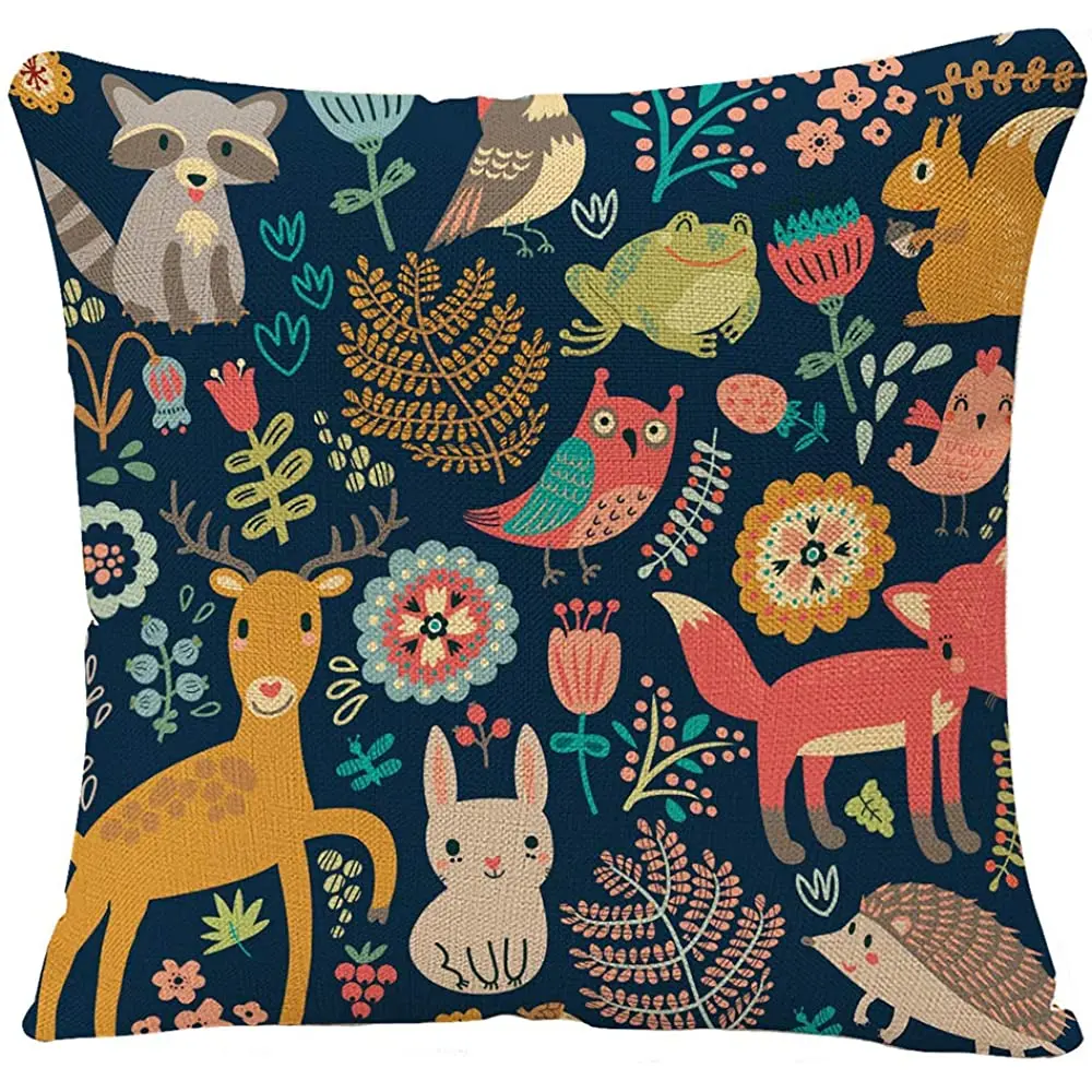 

YGGQF Pillow Covers Cartoon Forest Animals and Plant Owl Rabbit Fox Frog Pillow Case Cushion Cover for Home Decor 18 x 18 Inches