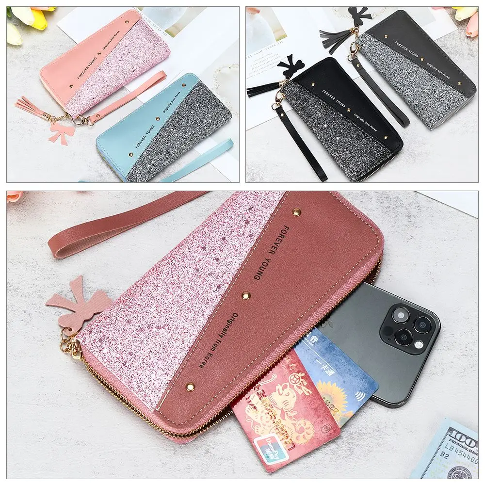 

Glitter PU leather Stitching Color Spliced Sequined Long Wallet Wristlet Clutch Phone Bag Tassel Rivet Long Wallet