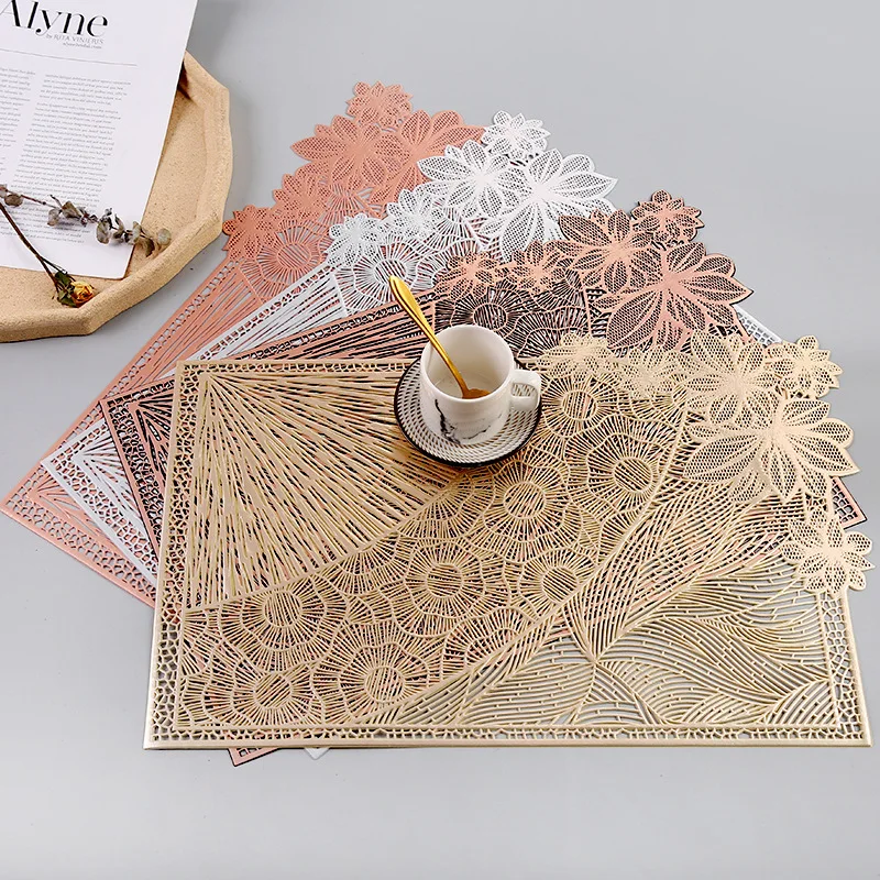 

2021 New 6Pcs/Set PVC Hollow Rectangular Western-Style Placemat Household Non-Slip Insulation Mat Teacup Mat Placemats