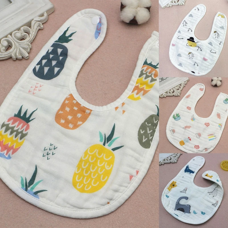 

Cartoon Printed U-shaped Back Buckle Baby Bibs 8-Layer Cotton Gauze Saliva Towel Infants Feeding Burp Cloth Scarf