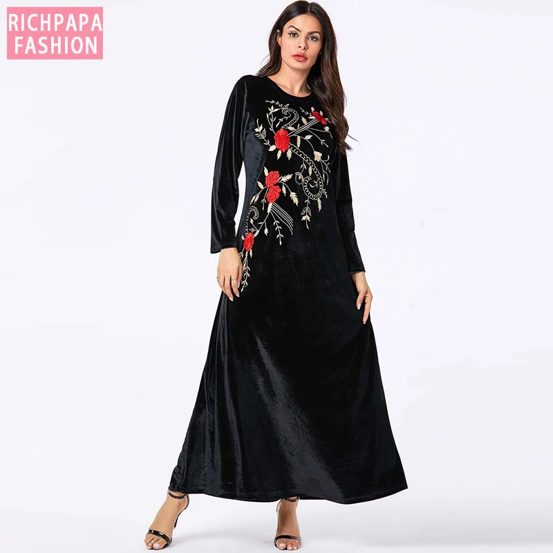 Женское длинное бархатное платье макси с цветочной вышивкой|Женские платья| |