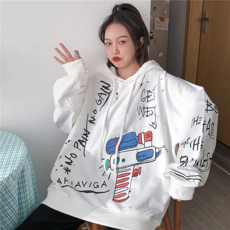 

Harajuku Cartoon Letter Printing Hoodie Women Spring Autumn Thin Oversized Hooded Hoodie Long Sleeve Pullover Anime Clothing