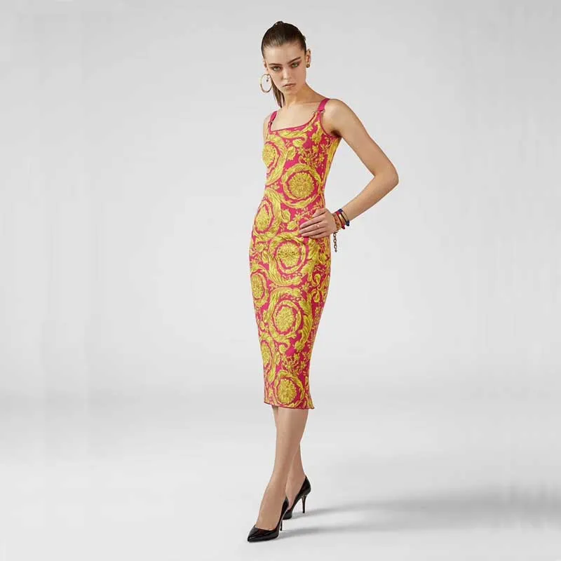 

Wholesale 2019 woman's dress rose Red Jacquard Spaghetti Strap Leisure celebrity boutique cocktail party bandage dress