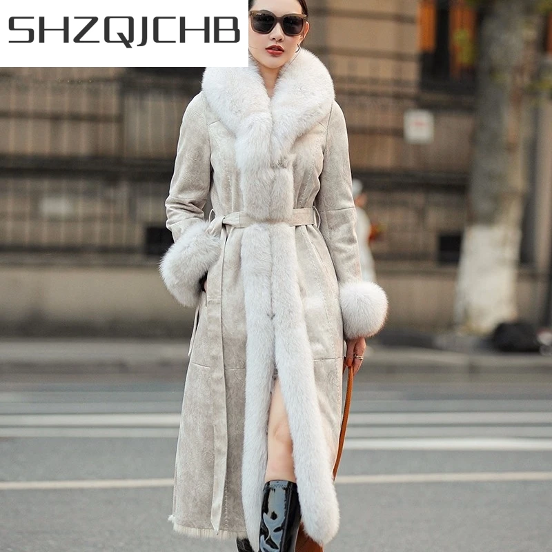 

JCHB 2021 Office Ladies Luxury Real Rabbit Fur Coat Women Elegant Shearling Overcoat Sashes Fox Fur Collar Genuine Leather Long