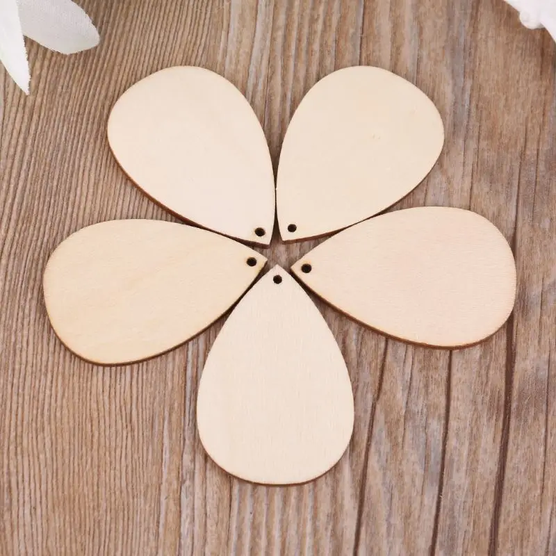 

30pcs Waterdrop Shape Natural Wooden Ornament Holes Blank Slices DIY Scrapbook 517E