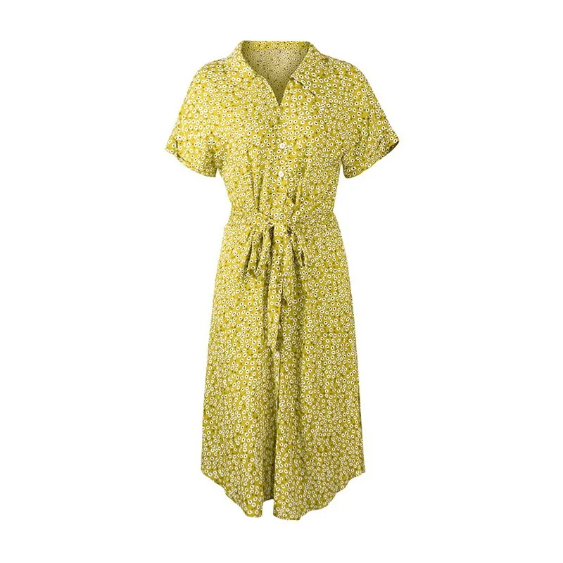 

2021 Spring New Bandage Dress Women Casual Short Sleeve Button Floral Print Dress For Woman Summer Holiday Style Dress