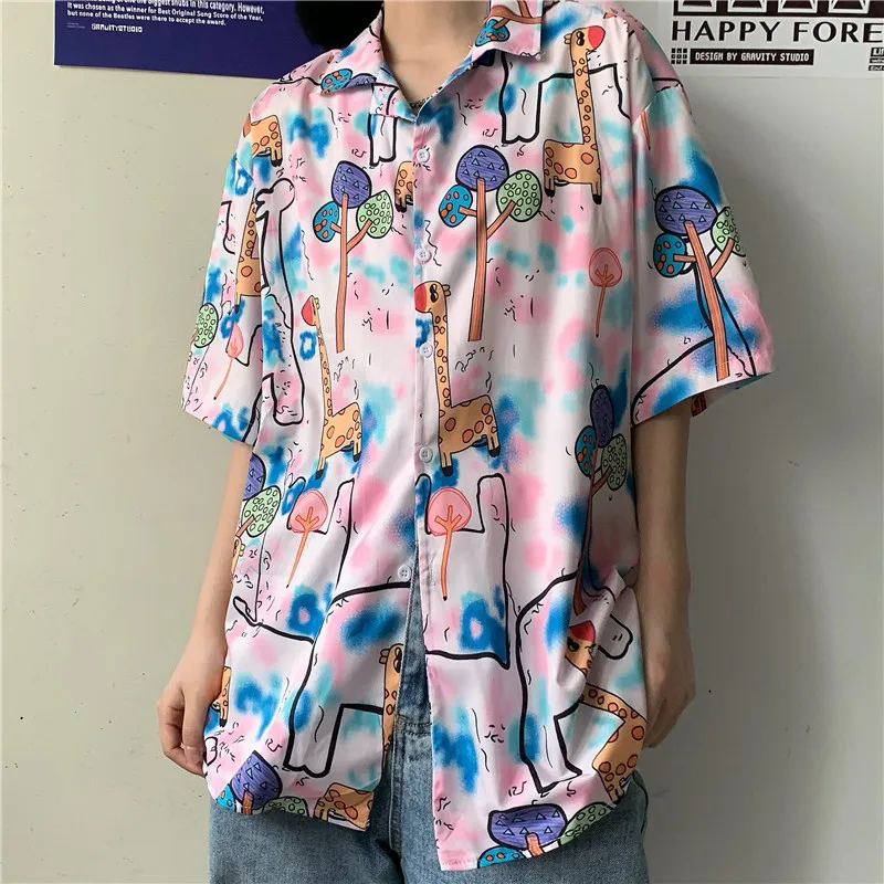 

Summer Fashion Retro Cute Cartoon Printed Short-sleeved Shirt tide brand loose wild Men and Women Streetwear Blouses & Shirts