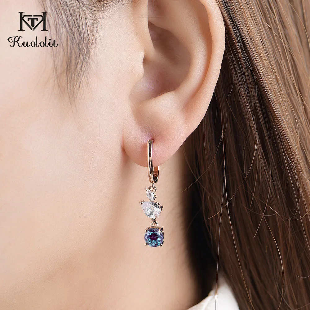 Женские серьги-кольца Kuololit с александритовым драгоценным камнем 2 карата серебро