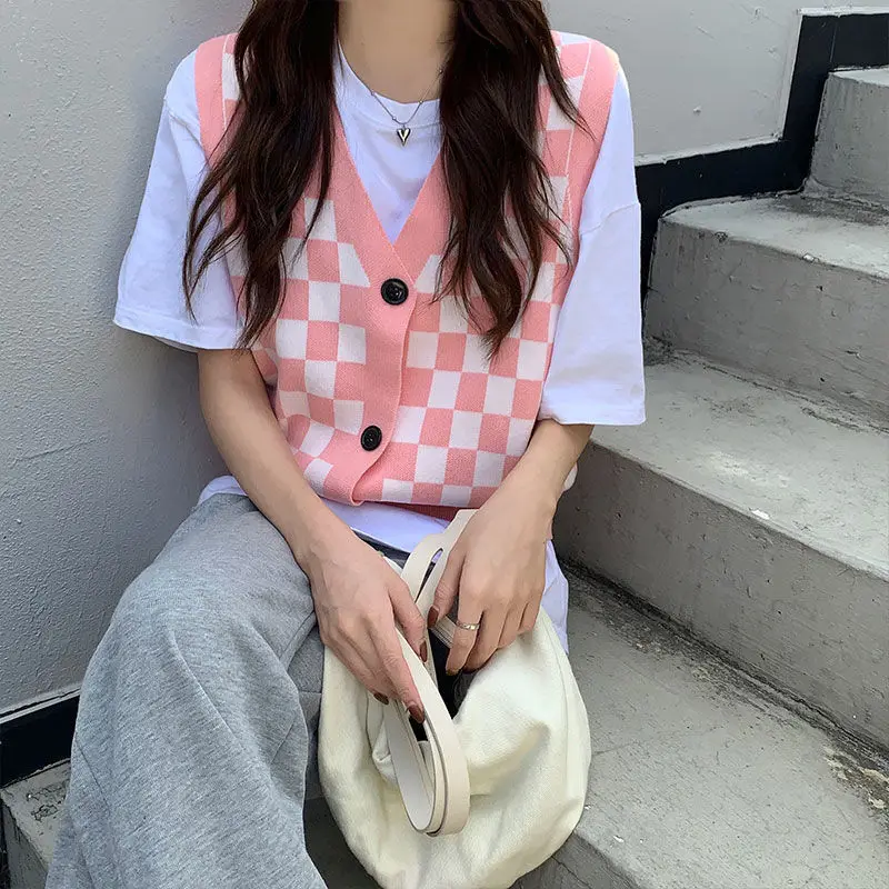 

Осень 2021, вязаный винтажный клетчатый свитер на пуговицах, жилет, женская одежда без рукавов, уличная одежда, безрукавка в Корейском стиле, в...