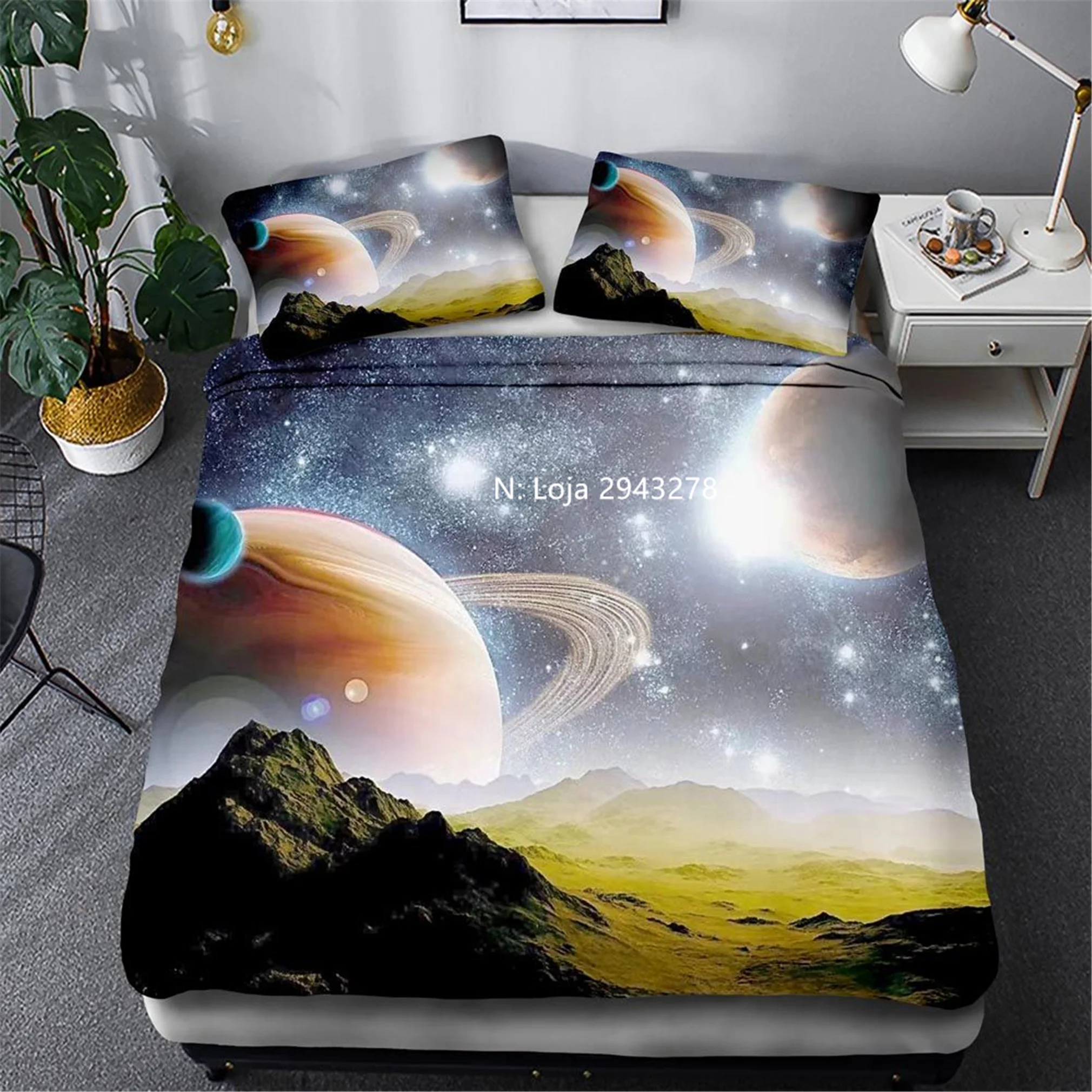 

Beautiful Space Planet Series Pattern Three Piece Bedding Set, Duvet, Quilt, Pillowcase, Teen Bedroom Decoration Home Textile