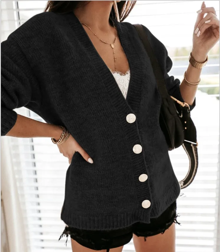 

Elegant Women Spring Autumn Sweaters Single Breasted Design V-neck Long Sleeve Solid Color Slim Knitted Cardigan Sweaters Coat