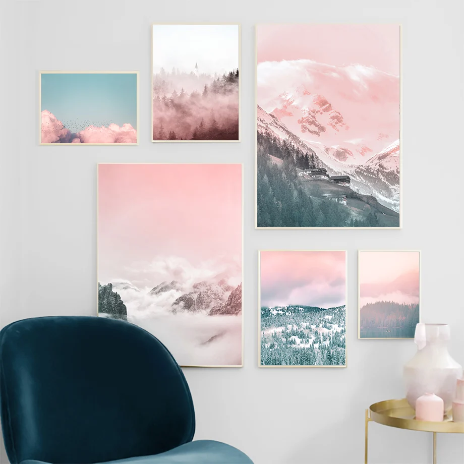 

Wall Art Canvas Painting Sky Forest Snow Mountain House Nordic Posters And Prints Landscape Wall Pictures For Living Room Decor