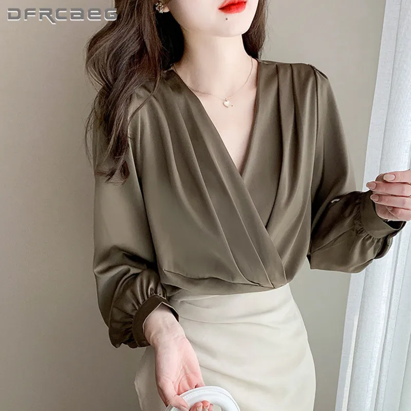 Блузка Женская атласная с V-образным вырезом и длинным рукавом весна 2022 | одежда
